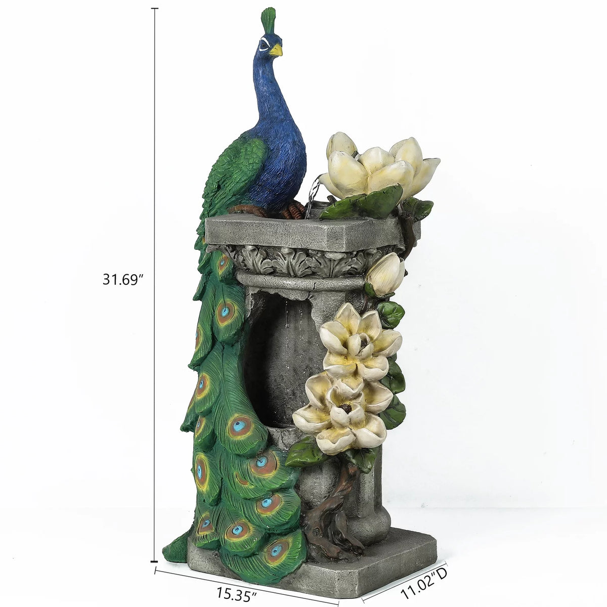 Blue and Green Resin Peacock Outdoor Fountain with LED Light Q59525