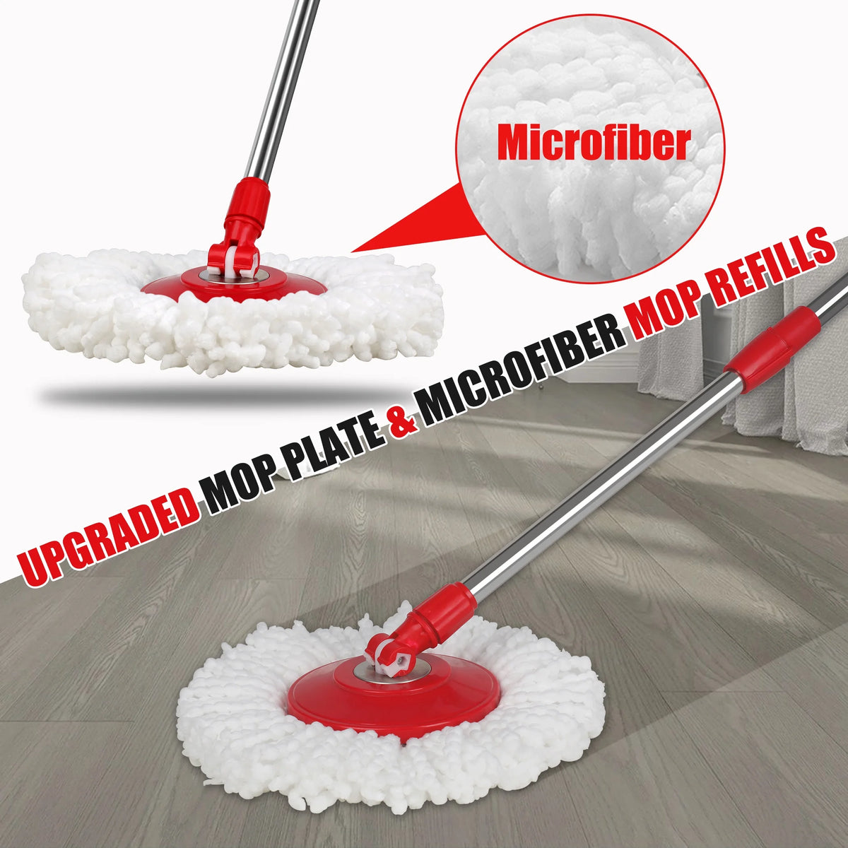 Red & Gray Microfiber Spin Mop and Bucket with 3 Mop Heads E1828