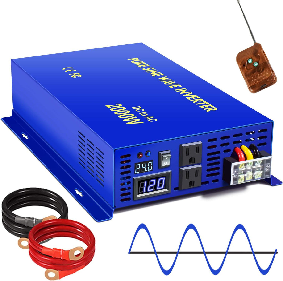 3000W Pure Sine Wave Power Inverter 24V to 110V 120V with Wireless Remote Switch A276