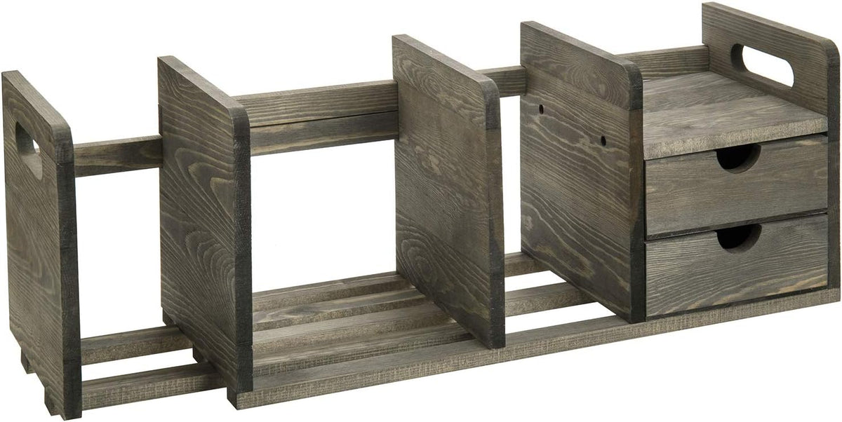 Vintage Gray Solid Wood Desktop Bookshelf Organizer with 2 Pullout Drawers Z77987