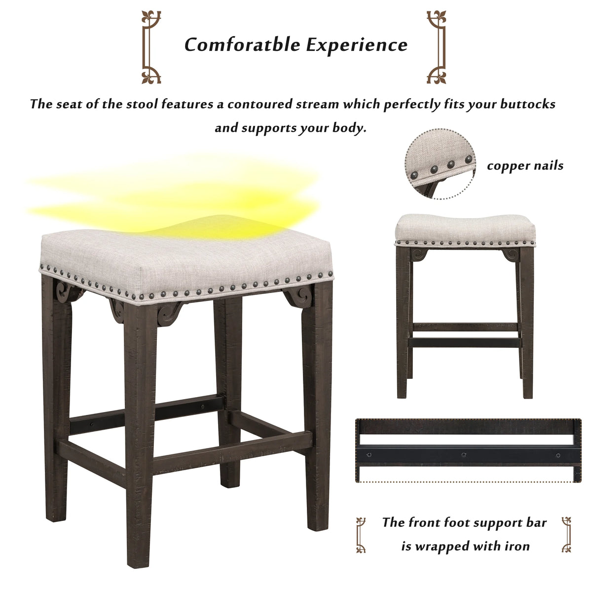 3-Piece Solid Wood Counter Height Dining Set with 2 Saddle Stools E4841