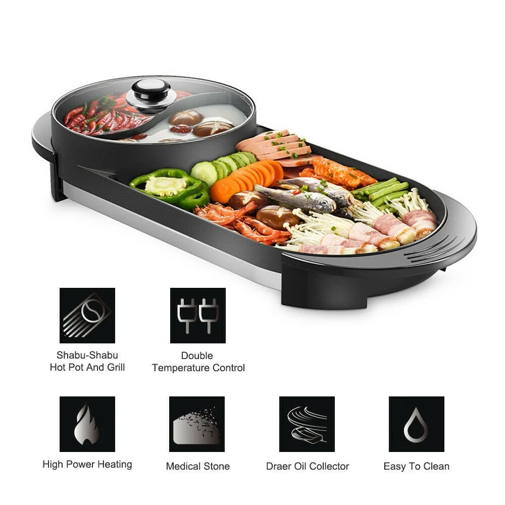 2 in 1 Portable Electric Hot Pot Barbecue Grill Non-Stick Pan B3988