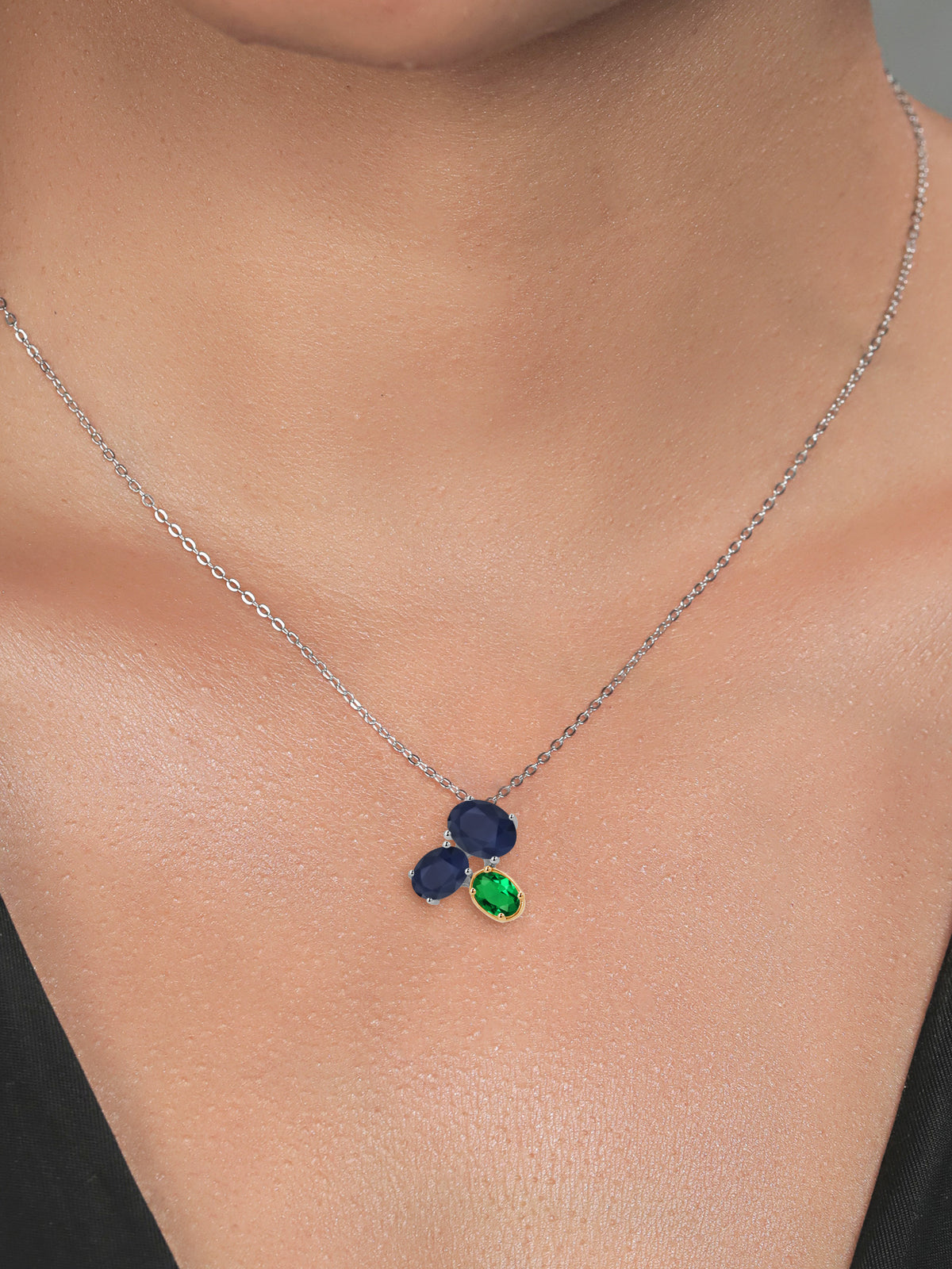 925 Silver 10K Yellow Gold Blue Sapphire Green Nano Emerald Pendant Necklace with 18 inch Chain F3726