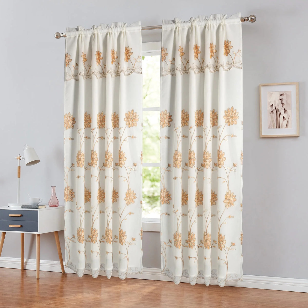 Floral Embroidered Rod Pocket Panel with Attached Valance 54x90 Inches Orange X57310