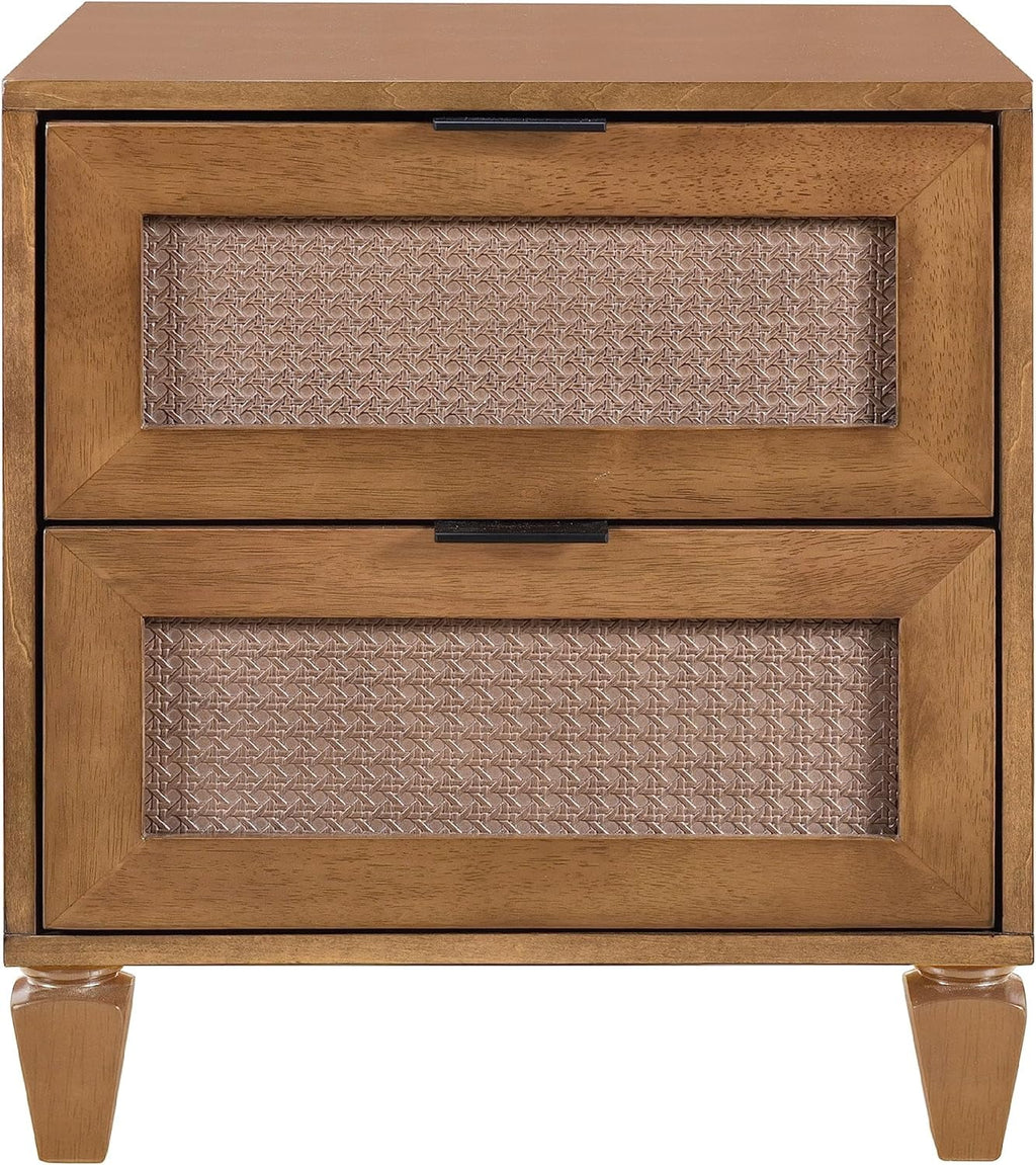 Walnut Rattan 2-Drawer Nightstand I47781