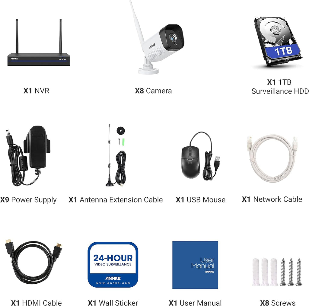 8CH Wireless Security Camera System with 1TB Hard Drive and 8 1440P Outdoor WiFi IP Cameras P7385