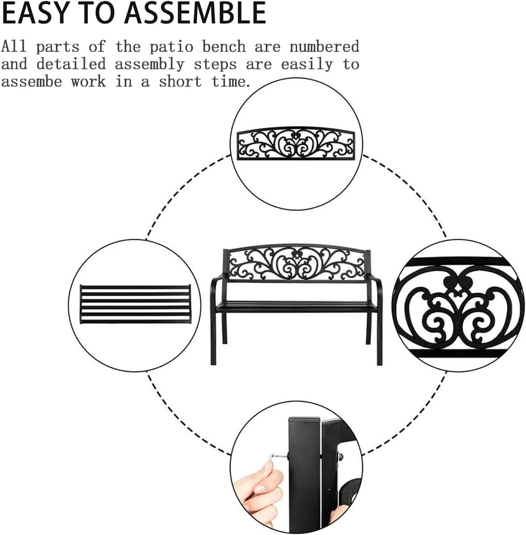 Black Steel Patio Bench with Back and Cast Iron Armrest M968