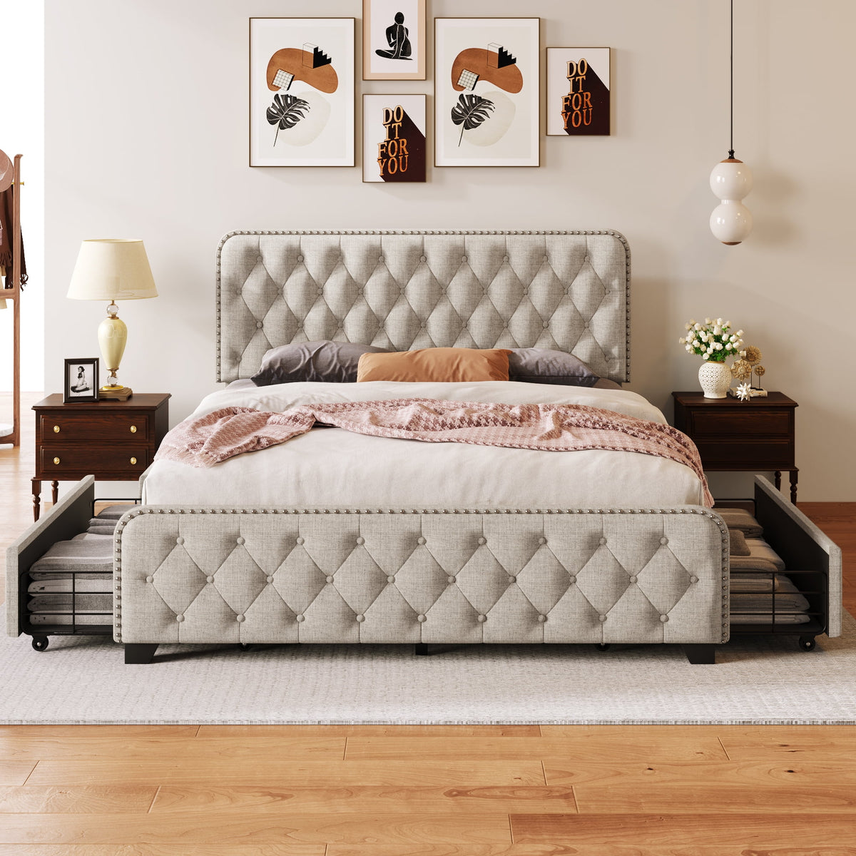 Beige Queen Upholstered Platform Bed Frame with Four Drawers I753372
