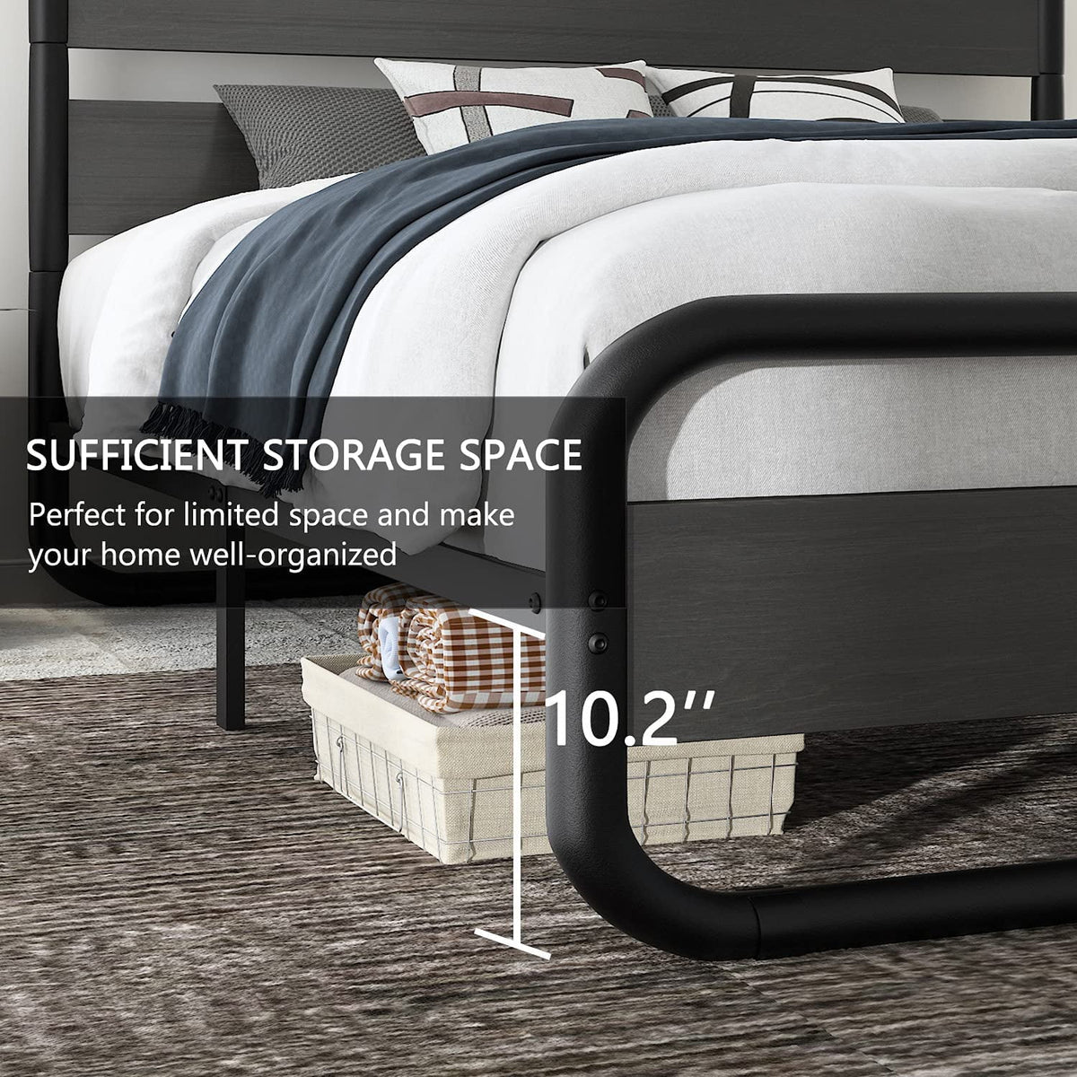 Full Size Metal Platform Bed Frame with Wooden Headboard & Footboard, Black R430