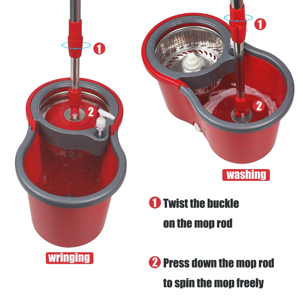 Red & Gray Microfiber Spin Mop and Bucket with 3 Mop Heads E1828