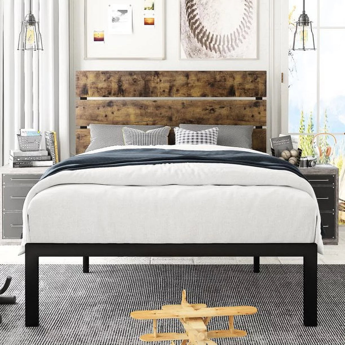 Twin Size Platform Bed Frame with Wood Headboard and Metal Slats F99101