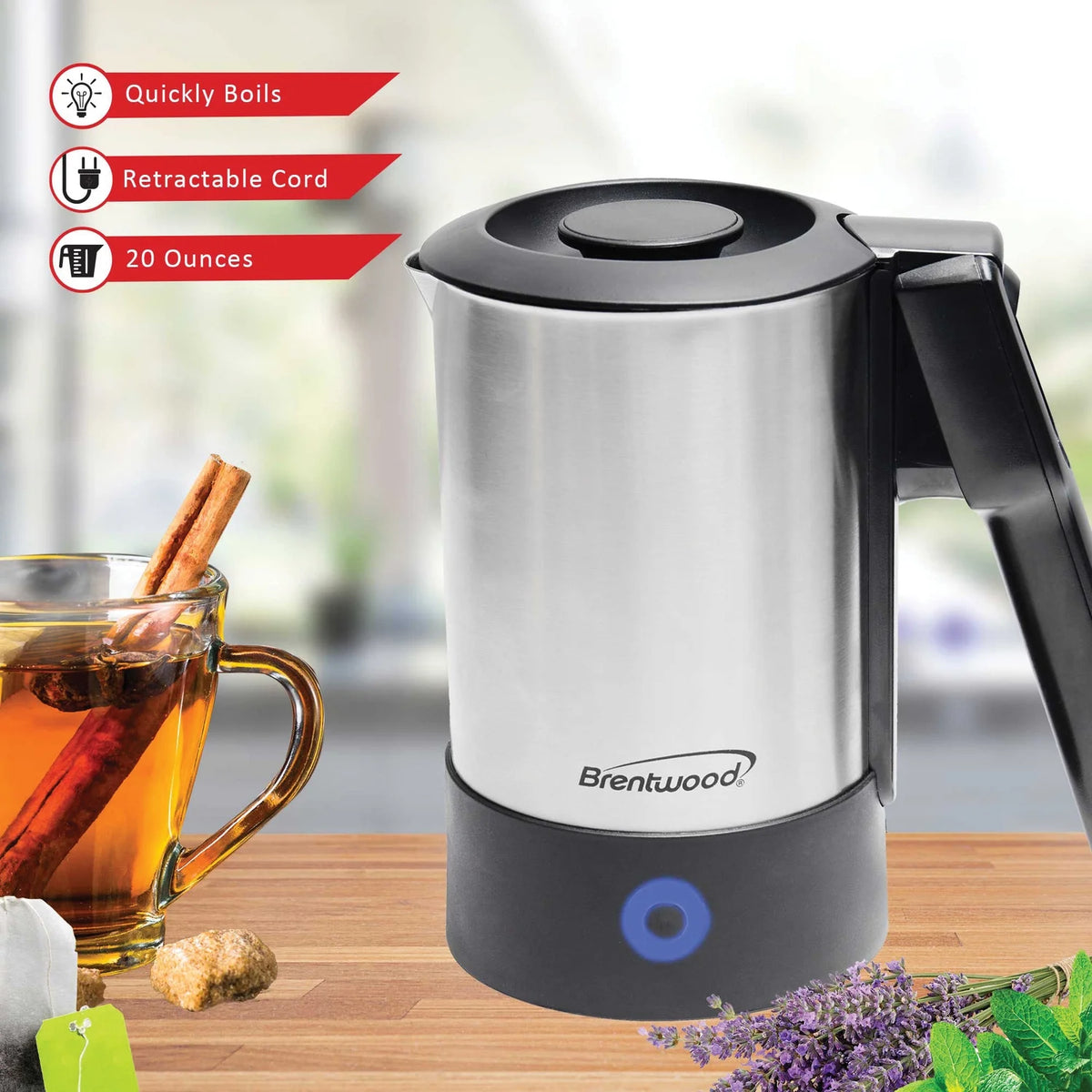 1000-Watt 20-Oz. Stainless Steel Electric Travel Kettle S788