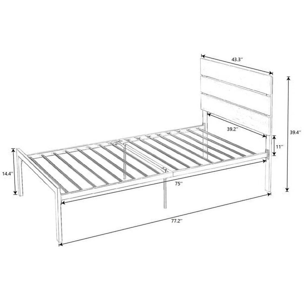 Twin Size Platform Bed Frame with Wood Headboard and Metal Slats F99101