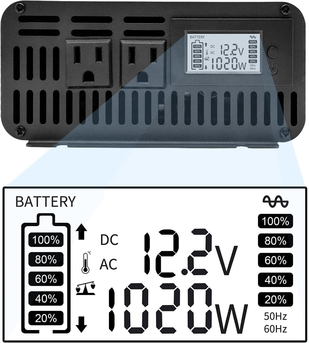 1000W Pure Sine Wave Power Inverter DC 12V to 110V AC with Remote Control and LCD Display X99317