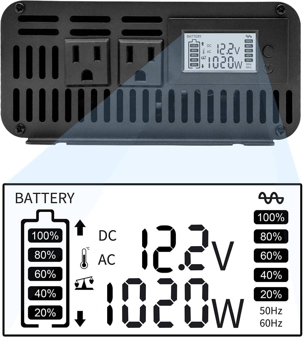 1000W Pure Sine Wave Power Inverter DC 12V to 110V AC with Remote Control and LCD Display X99317