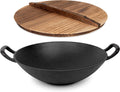 Pre-Seasoned Cast Iron Wok with Wooden Lid 14 Inches Nonstick Deep Frying Pan X34655