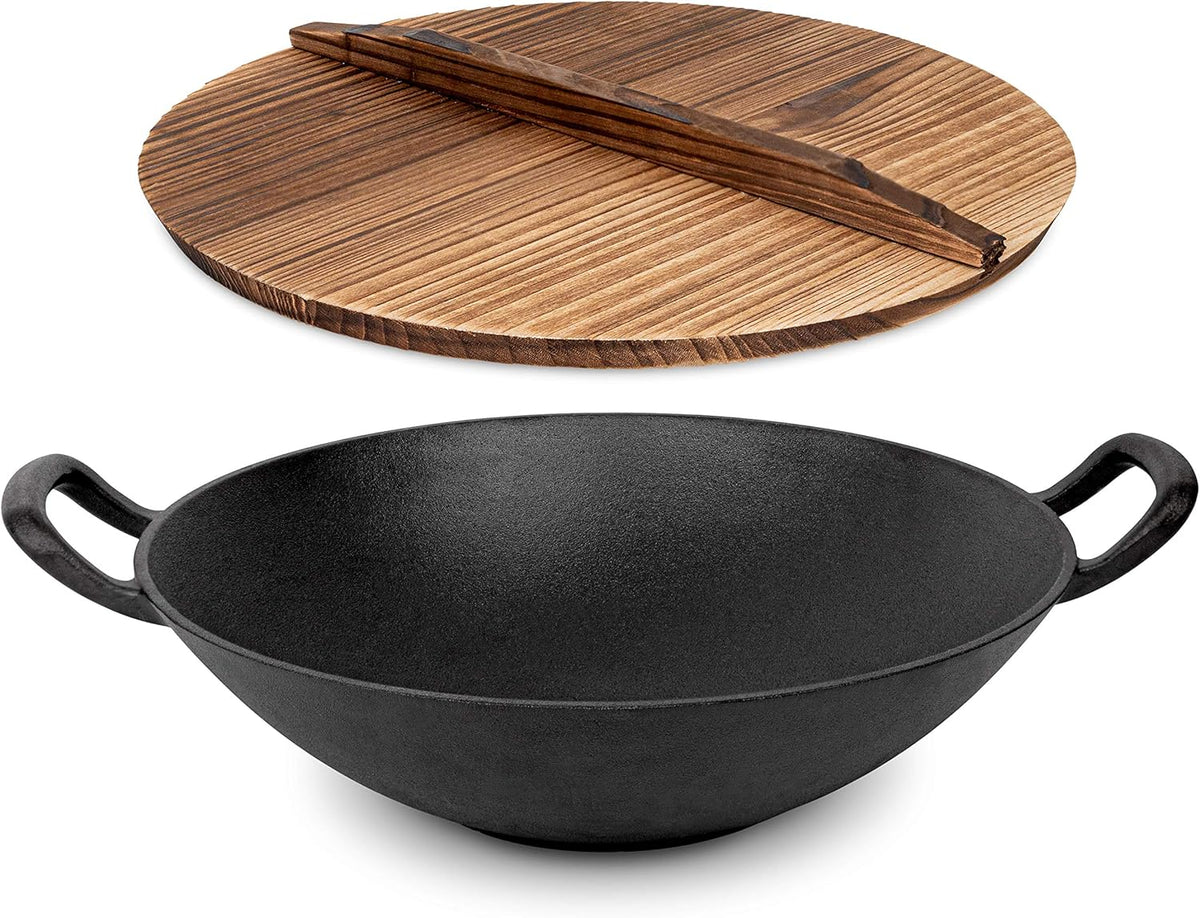 Pre-Seasoned Cast Iron Wok with Wooden Lid 14 Inches Nonstick Deep Frying Pan X34655