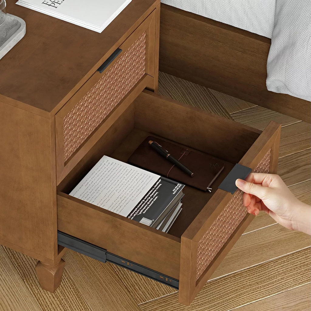 Walnut Rattan 2-Drawer Nightstand I47781