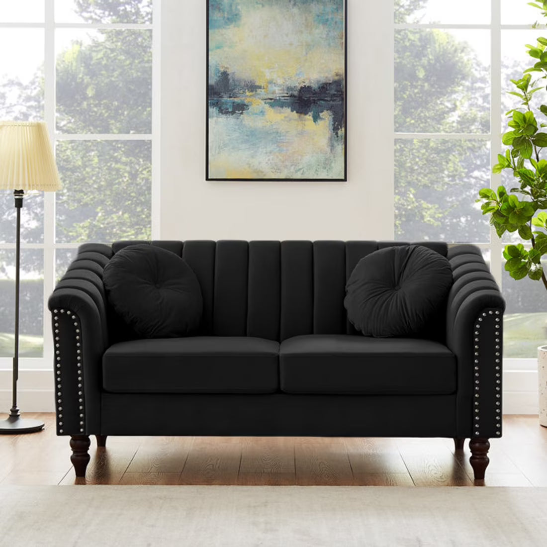 Black Velvet Loveseat Sofa with Pillows and Nailhead Trim Armrest V552718