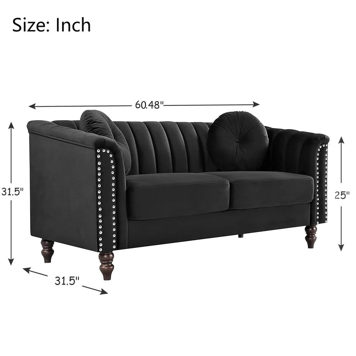Black Velvet Loveseat Sofa with Pillows and Nailhead Trim Armrest V552718
