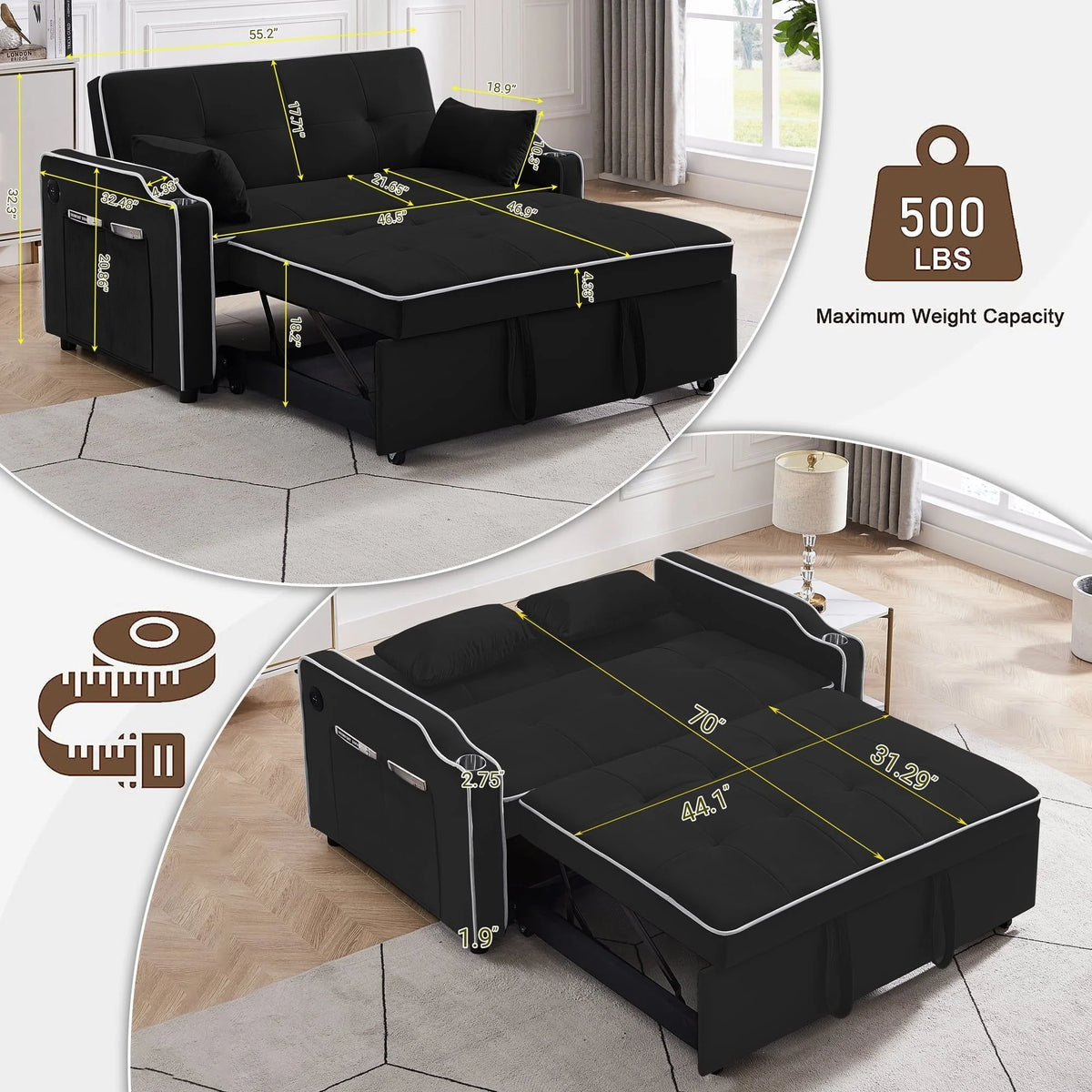 Black Pull Out Loveseat Sleeper Sofa Bed with Cup Holders P588502