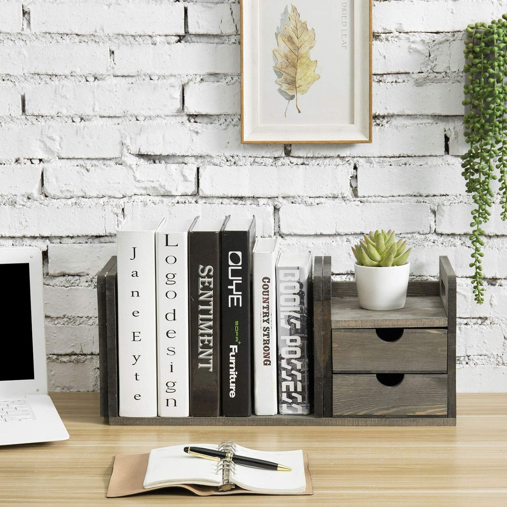 Vintage Gray Solid Wood Desktop Bookshelf Organizer with 2 Pullout Drawers Z77987