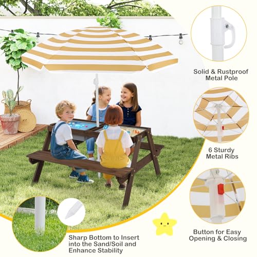 Kids Wooden Picnic Table and Chair Set with Umbrella R7530
