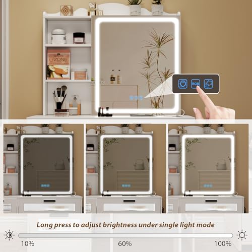 White Vanity Desk with Mirror and Lights, 5 Drawers I734539