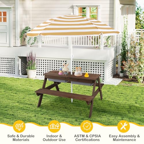 Kids Wooden Picnic Table and Chair Set with Umbrella R7530