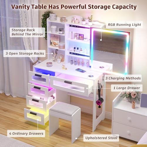White Vanity Desk with Mirror and Lights, 5 Drawers I734539