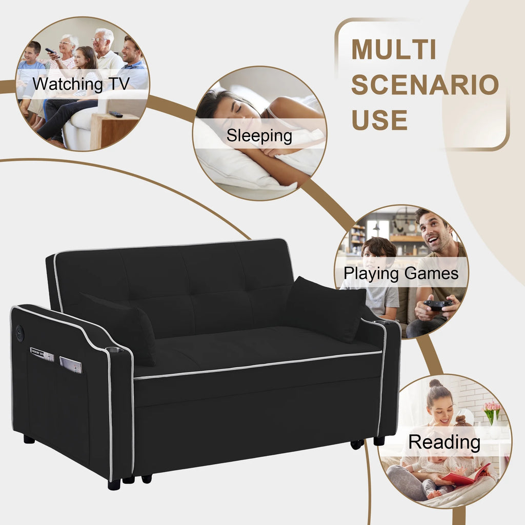Black Pull Out Loveseat Sleeper Sofa Bed with Cup Holders P588502