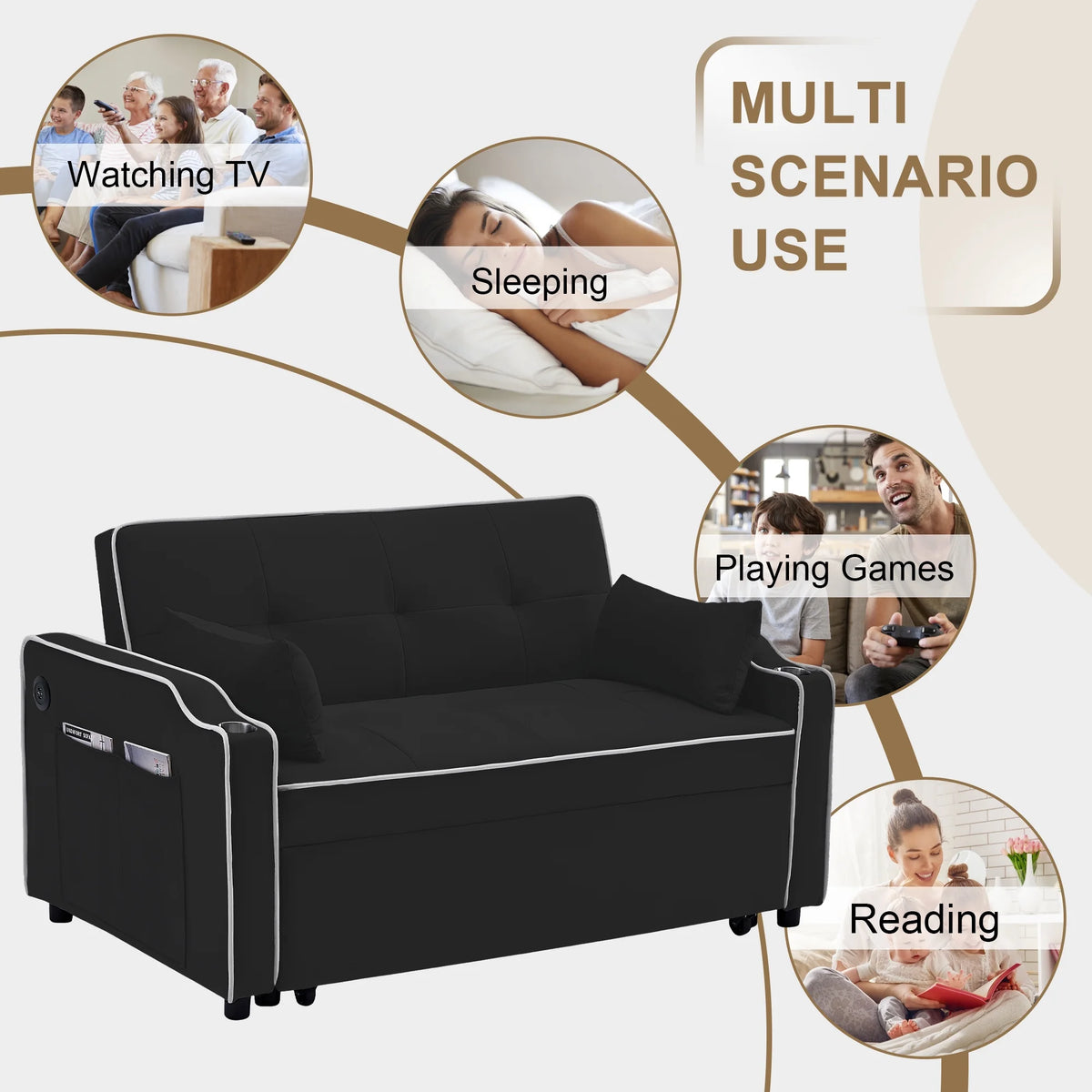 Black Pull Out Loveseat Sleeper Sofa Bed with Cup Holders P588502