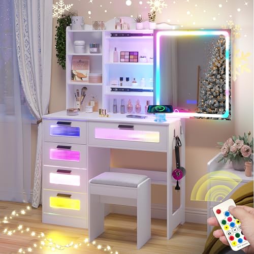 White Vanity Desk with Mirror and Lights, 5 Drawers I734539