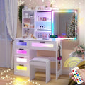 White Vanity Desk with Mirror and Lights, 5 Drawers I734539