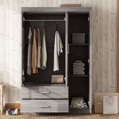 Gray Wood Armoire Wardrobe with Mirror D86329