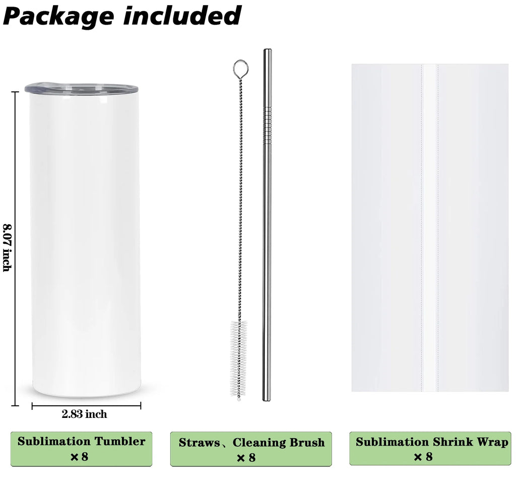 8 Pack 20 Oz Stainless Steel Sublimation Tumblers with Lid Straw O349982