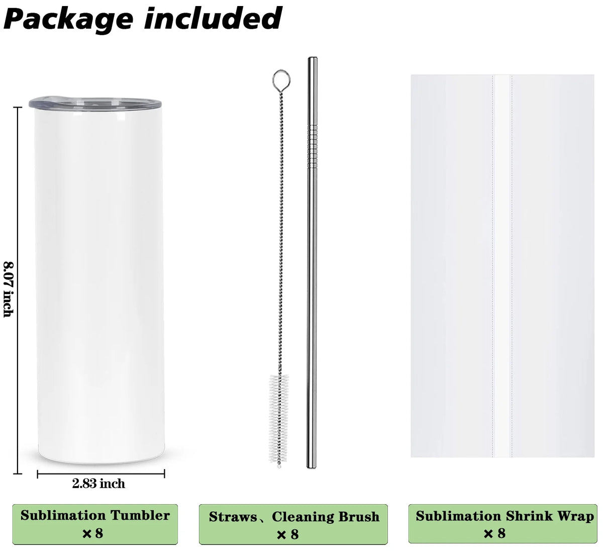 8 Pack 20 Oz Stainless Steel Sublimation Tumblers with Lid Straw O349982