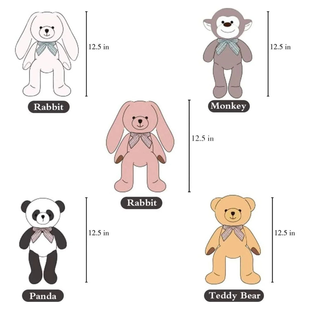 5 Packs Soft Stuffed Animals Teddy Bear, Monkey, Panda, Rabbit, 12.5" D325239