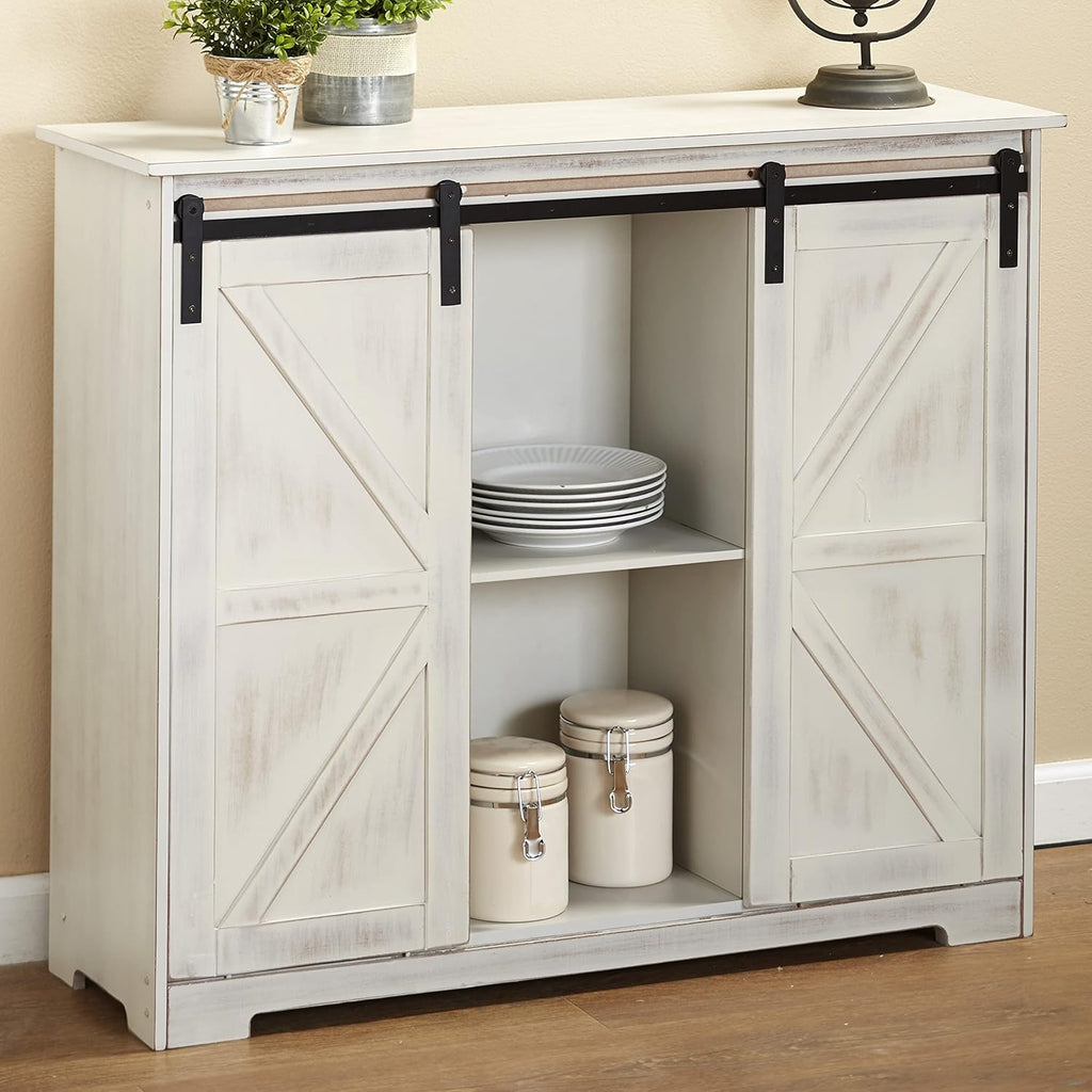 White Distressed Sideboard Buffet Cabinet with Sliding Rail Barn Doors X190