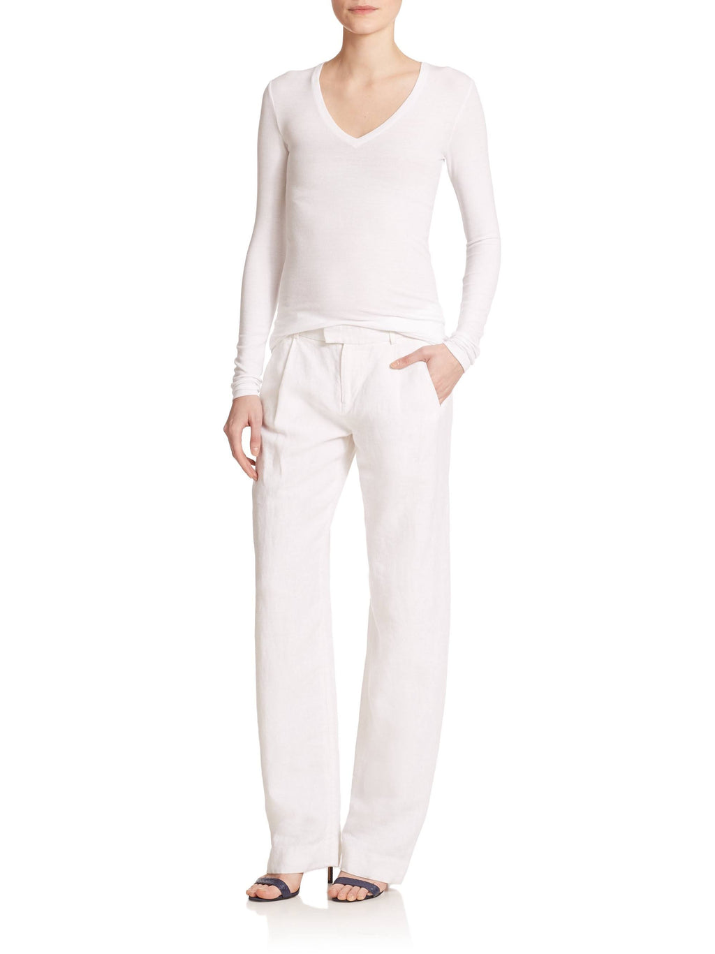 White Long-Sleeve V-Neck Tee G790