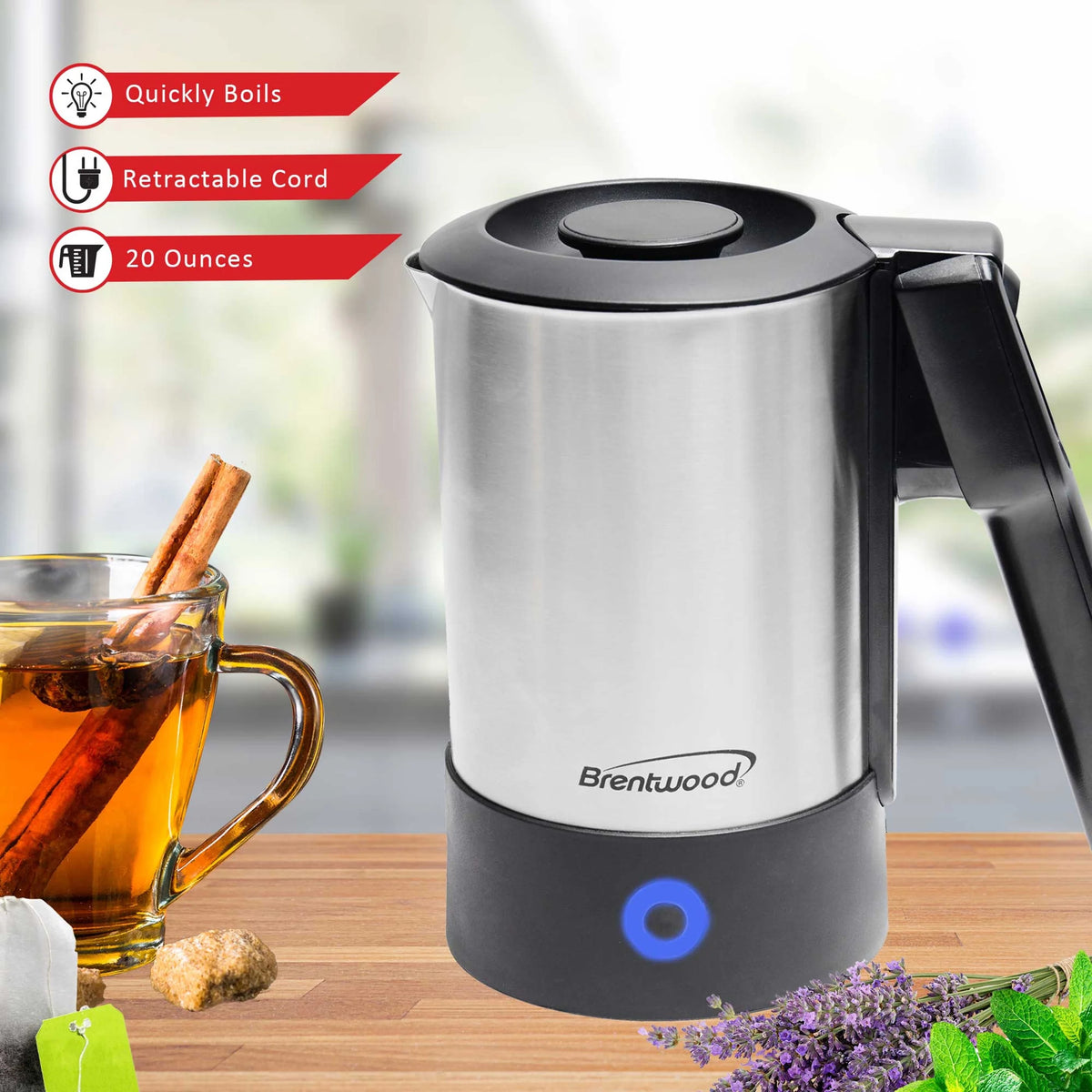 1000-Watt 20-Oz. Stainless Steel Electric Travel Kettle S788