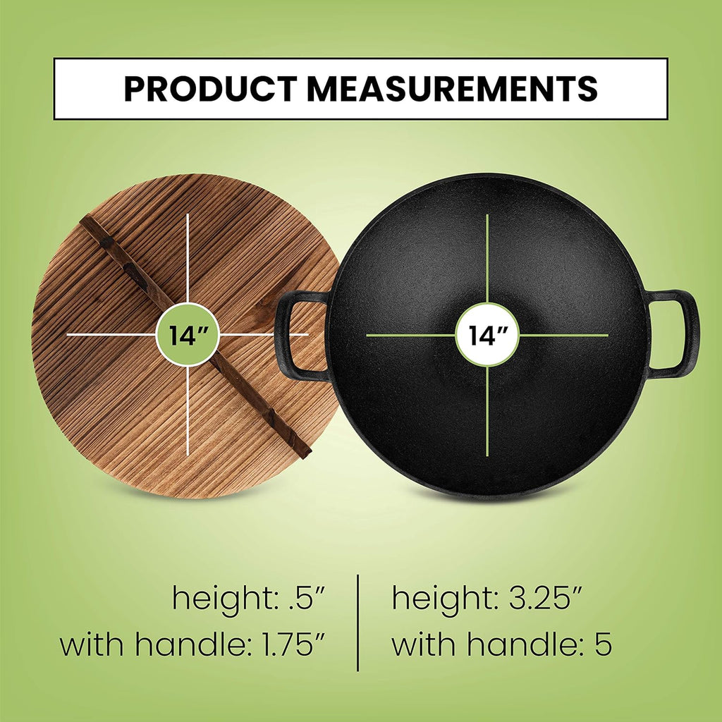 Pre-Seasoned Cast Iron Wok with Wooden Lid 14 Inches Nonstick Deep Frying Pan X34655
