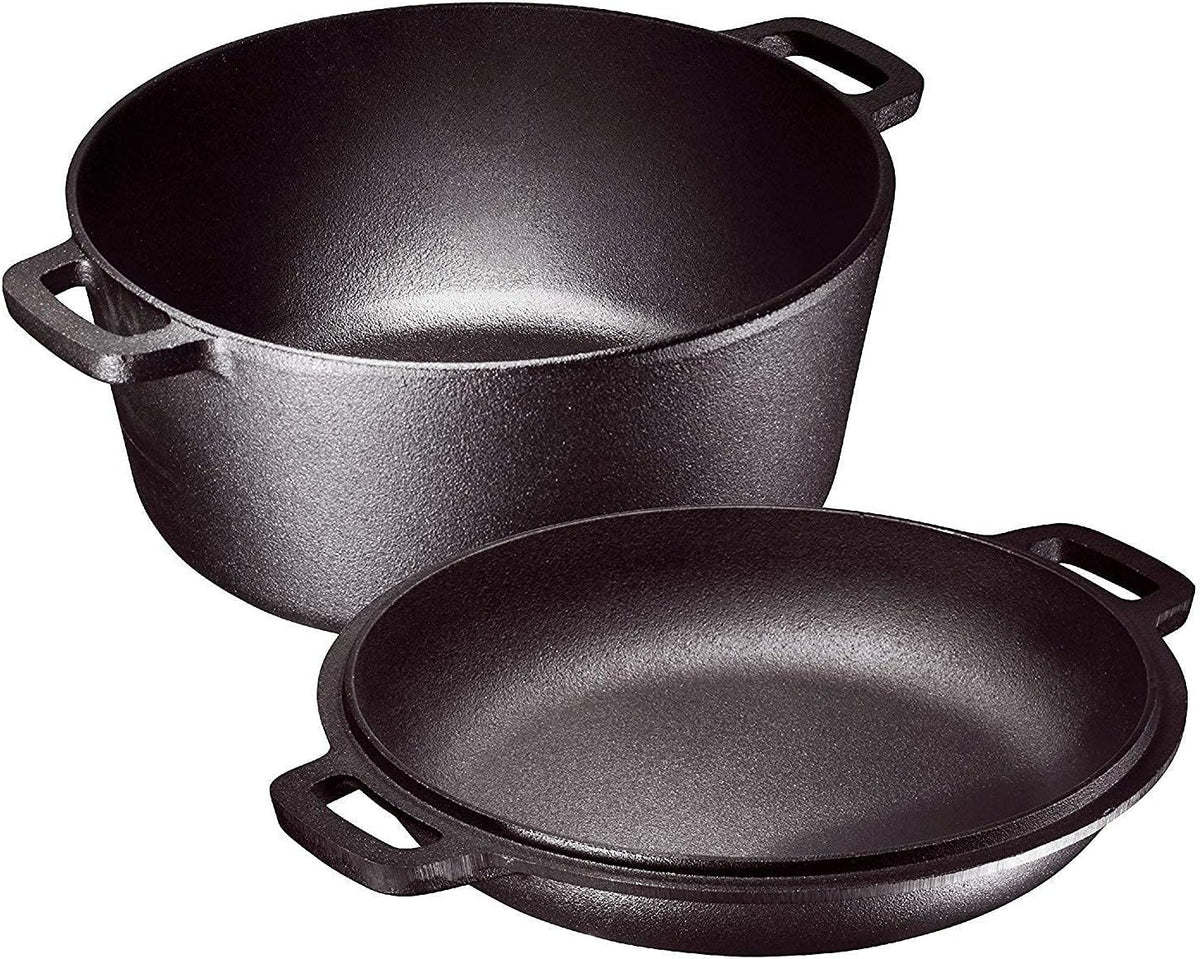 Matte 11-inch Ceramic Large Round Serving Plates and 5 Quart Cast Iron Double Dutch Oven Set with 10 inch Skillet Lid S613148