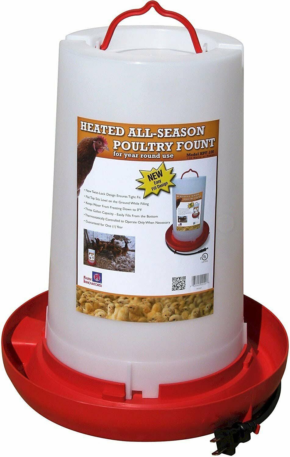3 Gallon 100-Watt Heated Plastic Poultry Fountain V8382