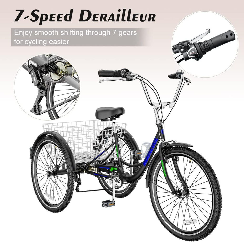 Black 24" 7 Speed 3 Wheel Adult Tricycle with Basket Y5125