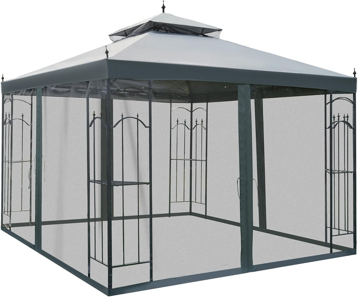 10' x 10' Steel Outdoor Patio Gazebo Canopy with Mesh Curtains A959