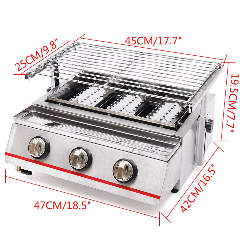 Portable Gas Grill 3-Burner Outdoor BBQ Infrared Cooker Smokeless Gas LPG Grill M744035