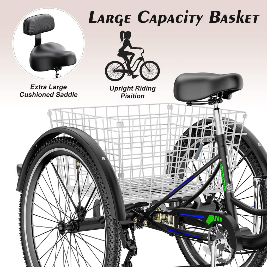 Black 24" 7 Speed 3 Wheel Adult Tricycle with Basket Y5125