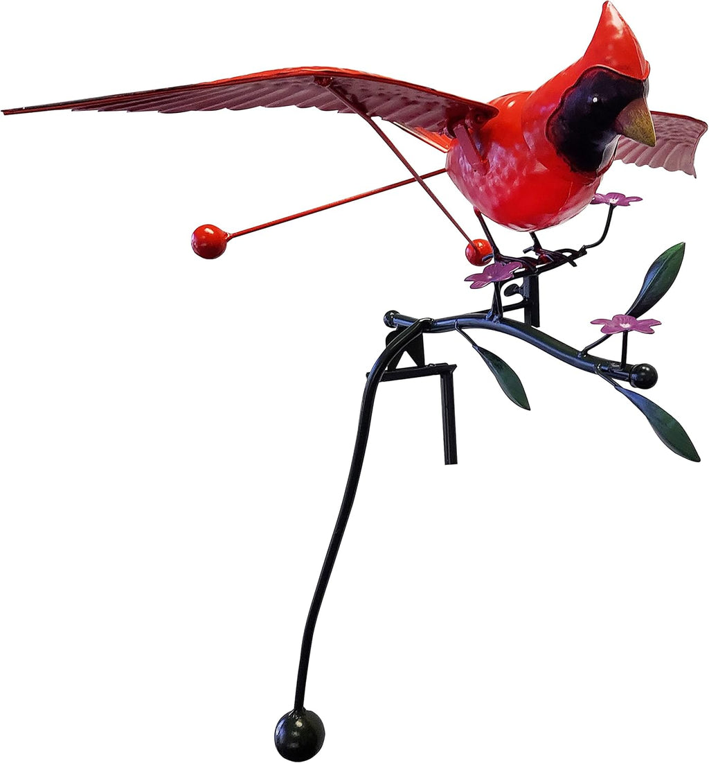 Red Metal Cardinal Bird on Flower Branch Garden Stake Kinetic Wind Sculpture T7545