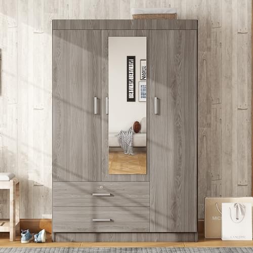 Gray Wood Armoire Wardrobe with Mirror D86329